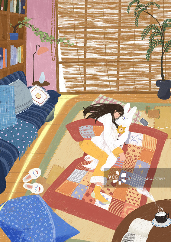 冬天女孩和狗狗一起在被窝里睡懒觉图片素材