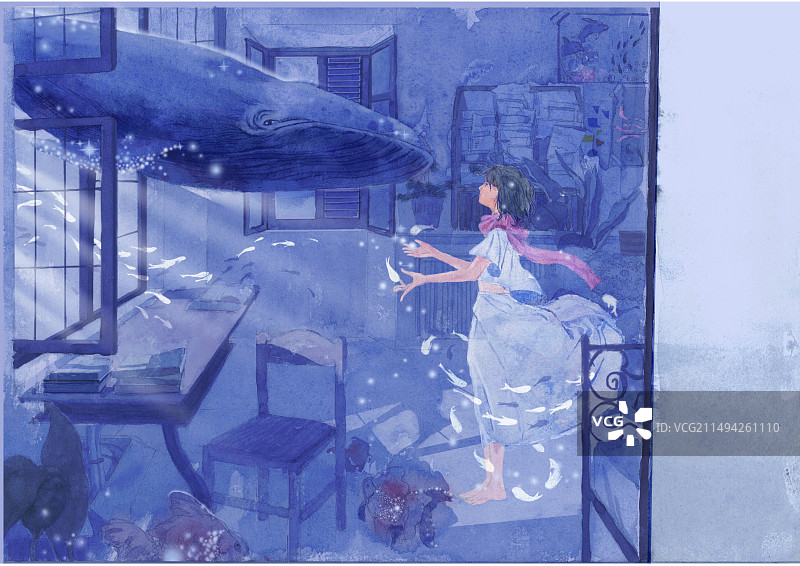 夜晚，女孩收到从北冥而来的鲸的邀约图片素材