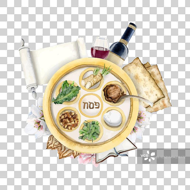 含有节日食品和葡萄酒的逾越节晚餐盘图片素材