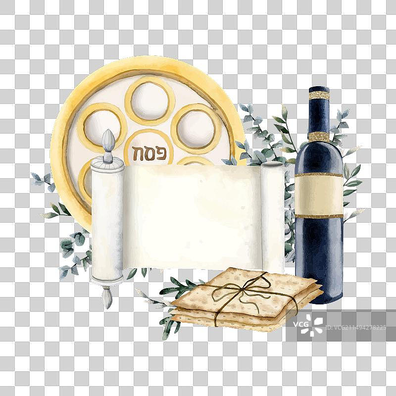 逾越节的象征：葡萄酒、麦泽薄饼、逾越节餐盘图片素材