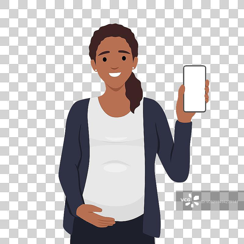 年轻孕妇手持智能手机图片素材