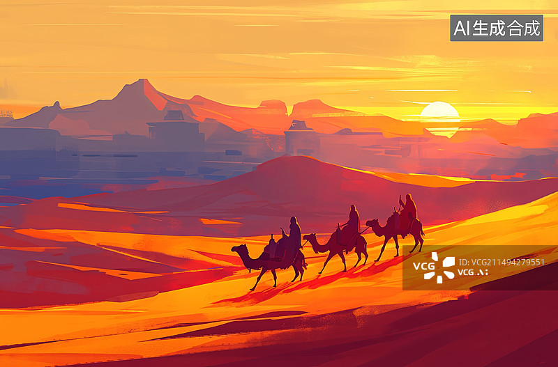 【AI数字艺术】沙漠骆驼旅行一带一路插画图片素材
