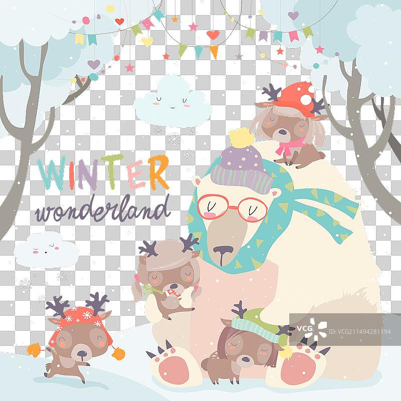 雪地森林中的北极熊与小鹿图片素材