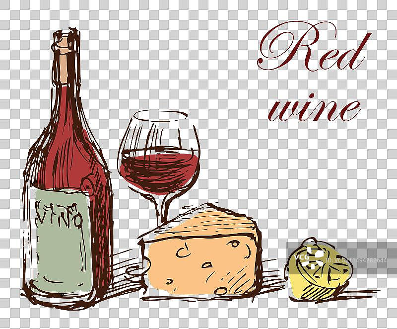 红酒瓶、酒杯、奶酪和柠檬静物图片素材