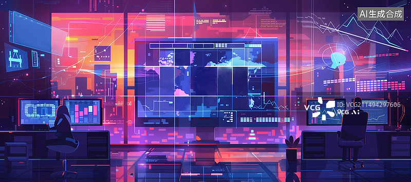 【AI数字艺术】科技科幻主题插画，控制室内有一台中央大屏电脑，科技人员在室内控制数据图片素材