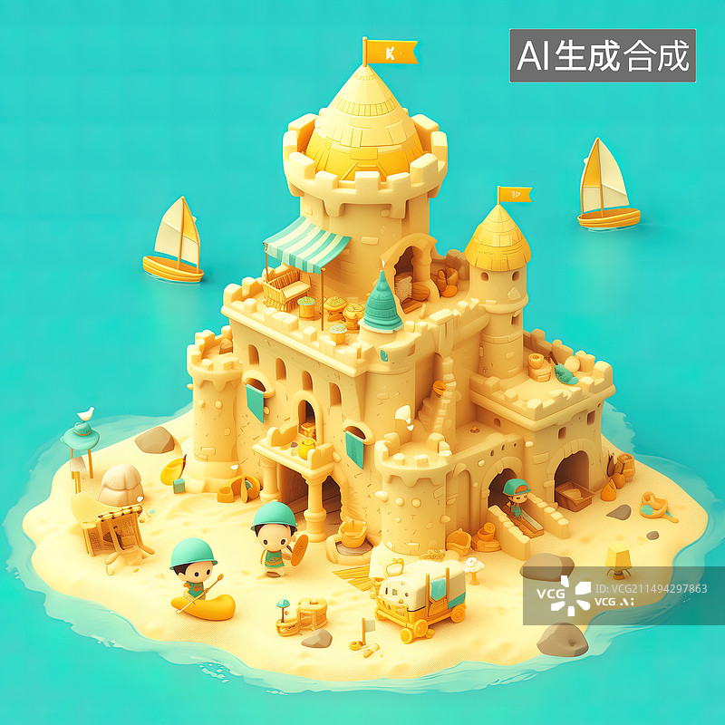 【AI数字艺术】3D，海滩上儿童堆砌的城堡图片素材