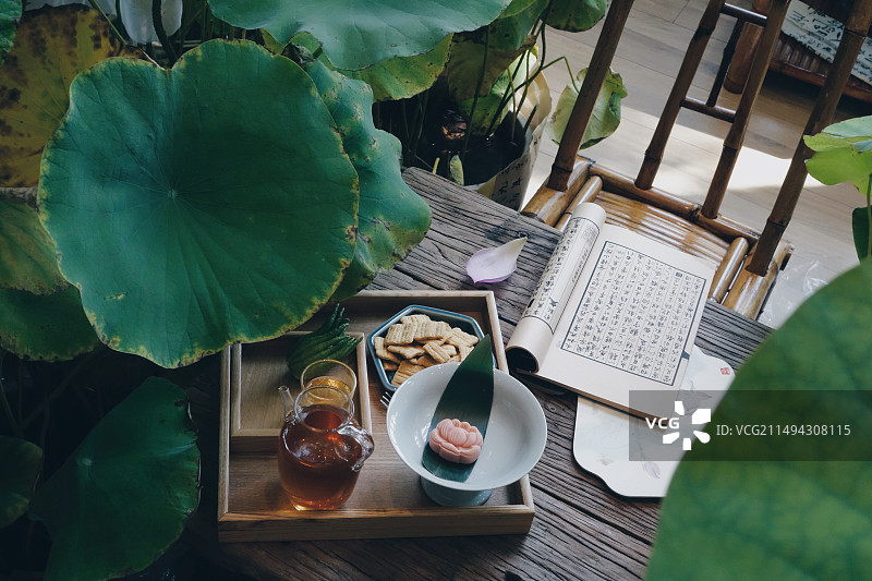 摆放在荷叶中的中式桌椅及茶点书籍图片素材