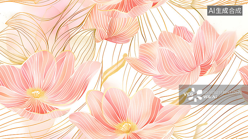 【AI数字艺术】清新唯美金色线条的荷花和荷叶图片素材