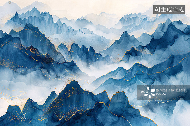 【AI数字艺术】新中式意境蓝色山水画抽象山水装饰画图片素材