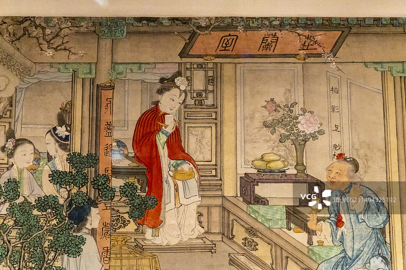 首都博物馆“北京通史陈列”展：《红楼梦刘姥姥进荣国府图》轴（清，1644—1911年）图片素材