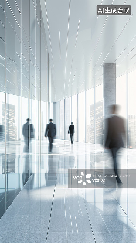 【AI数字艺术】现代极简商务大厦职员办公大厅明亮玻璃幕墙海报插画图片素材