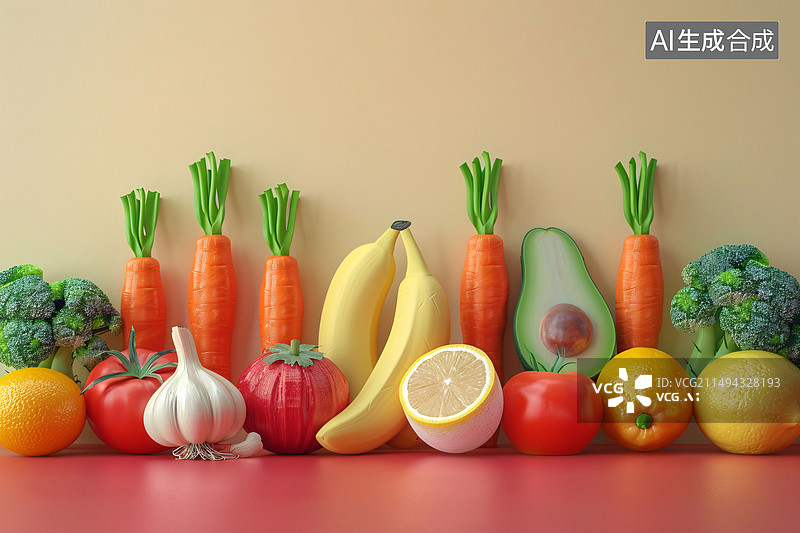 【AI数字艺术】新鲜蔬菜水果产品3D渲染健康食物背景插画图片素材