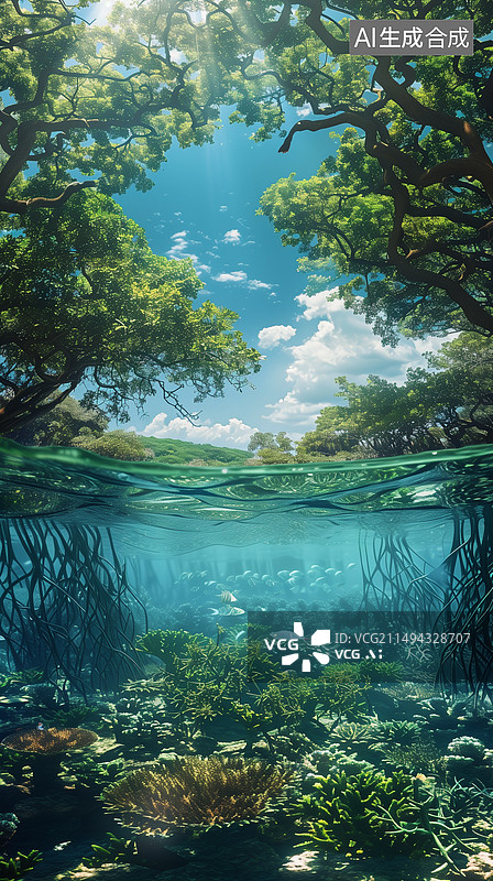 【AI数字艺术】空气清新有红树林和水杉的夏天热带雨林风景壁纸插画图片素材