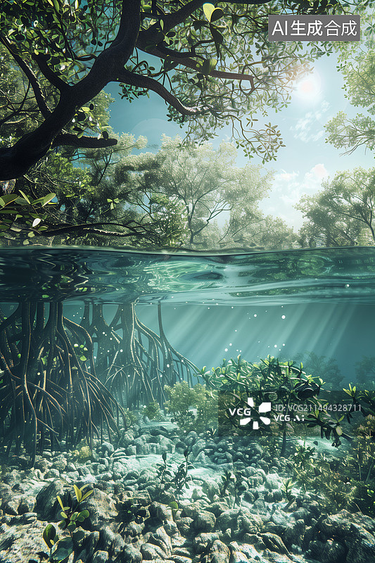【AI数字艺术】空气清新有红树林和水杉的夏天热带雨林风景壁纸插画图片素材