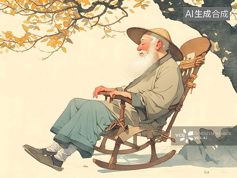 【AI数字艺术】树下坐在摇椅上的老爷爷图片素材