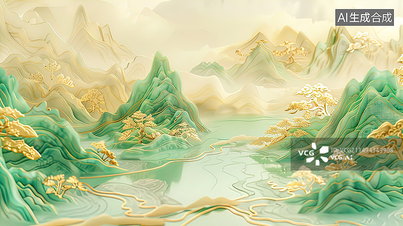 【AI数字艺术】玉石质感鎏金中国风海报——山水画意境图片素材