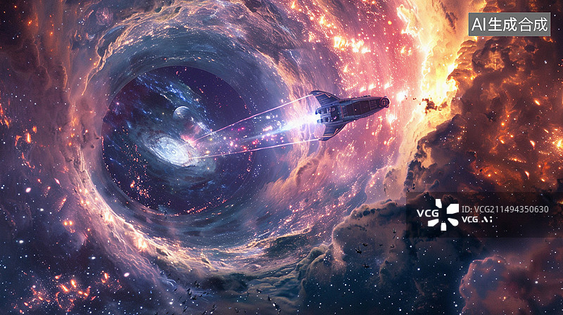 【AI数字艺术】科幻主题插画——一艘太空船在太空旅行，正在穿越虫洞图片素材