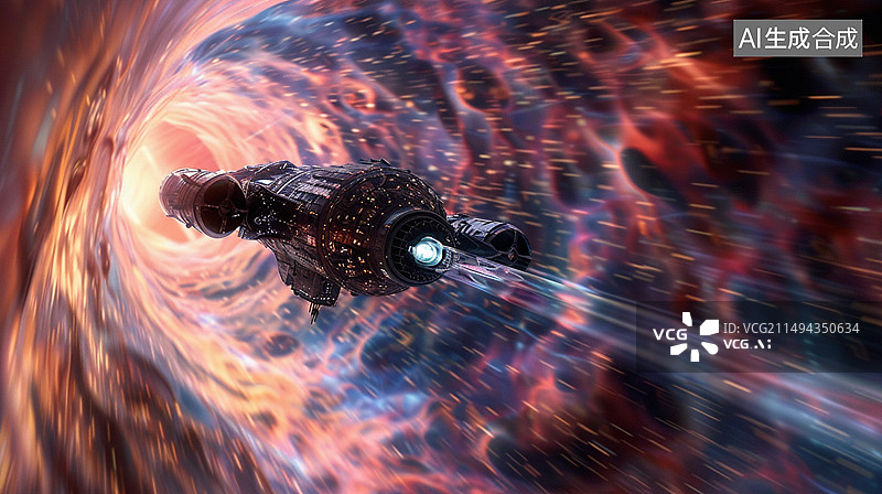 【AI数字艺术】科幻主题插画——一艘太空船在太空旅行，正在穿越虫洞图片素材