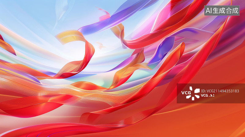 【AI数字艺术】蓝色背景上飘飞的红色彩带图片素材