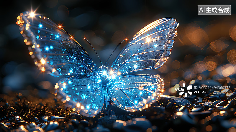 【AI数字艺术】蓝金科技粒子发光蝴蝶图片素材