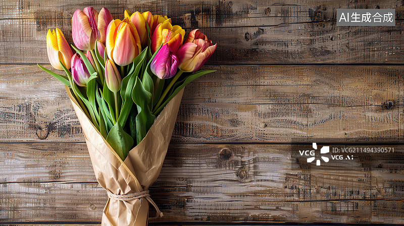 【AI数字艺术】木桌上花瓶里的郁金香特写镜头图片素材
