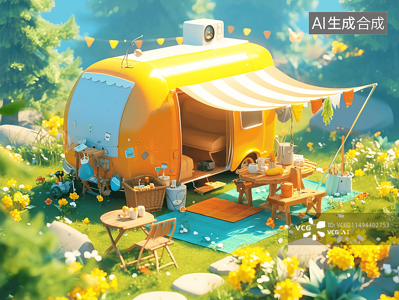 【AI数字艺术】夏日房车露营假期旅行场景图片素材