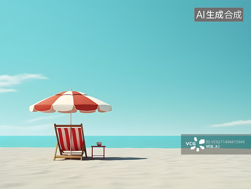 【AI数字艺术】夏天蓝天白云大海沙滩躺椅插画图片素材