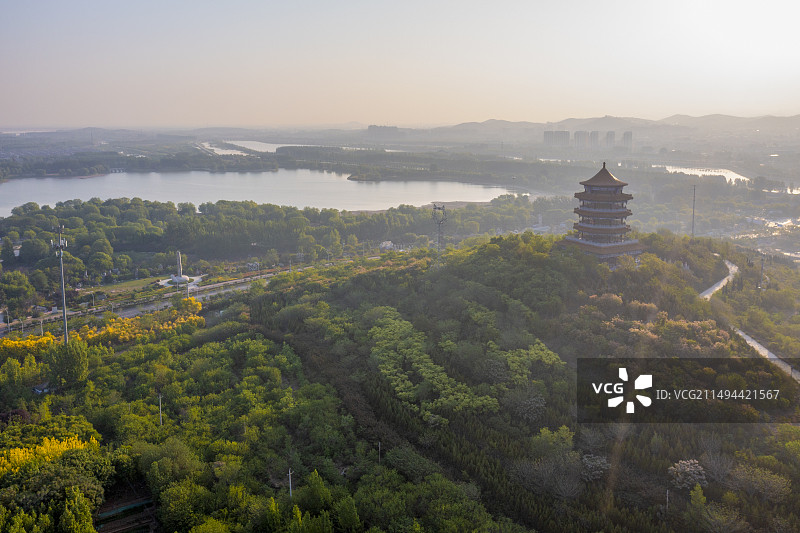航拍国家级湿地山东黄河玫瑰湖国家湿地公园黄河楼。图片素材