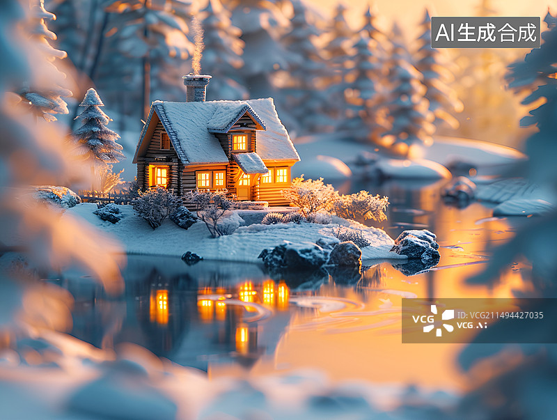 【AI数字艺术】冬日湖边小屋微缩景观图片素材