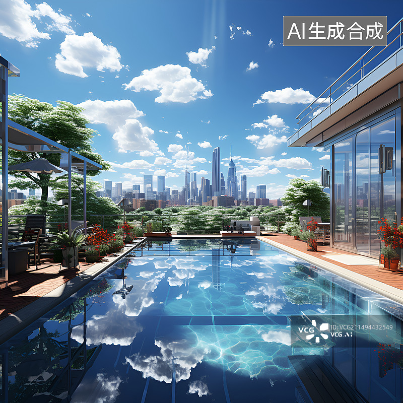【AI数字艺术】城市酒店室外游泳池图片素材