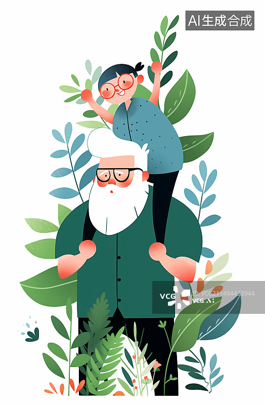 【AI数字艺术】父亲节孩子骑在爸爸的肩膀上插画图片素材