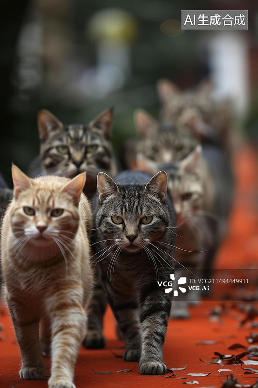 【AI数字艺术】一群猫在红地毯上行走图片素材