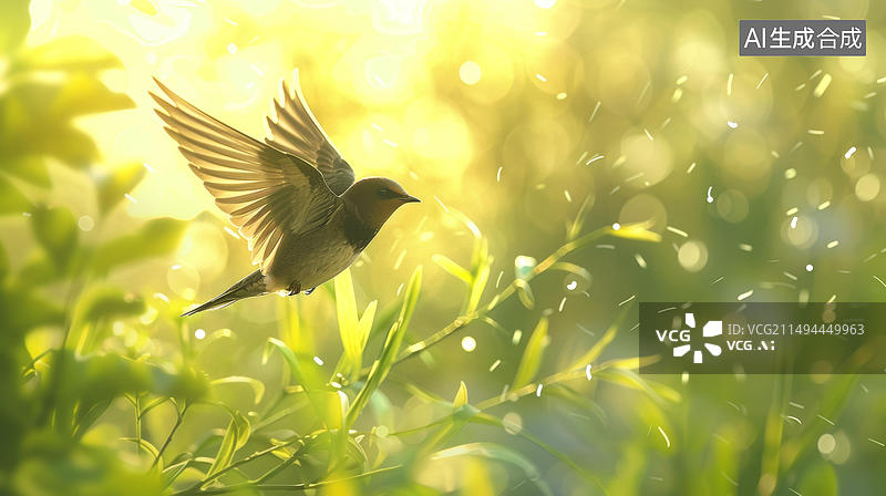 【AI数字艺术】一只鸟在春日的阳光中飞翔图片素材