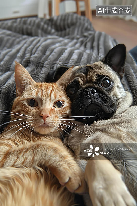 【AI数字艺术】一只橘猫和一只哈巴狗躺在灰色毯子上图片素材