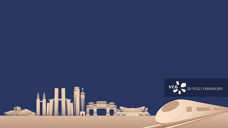 动车与重庆城市矢量插画，开往重庆的高铁列车矢量插画，蓝金新年春运高端宣传年会年终盛典春节晚会图片素材