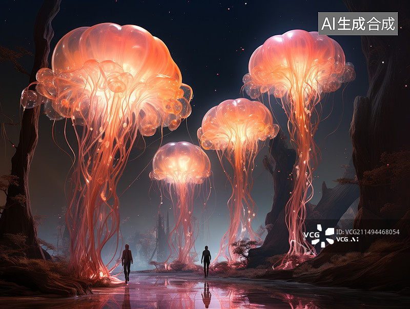 【AI数字艺术】巨大荧光水母状实体照亮的异世界图片素材