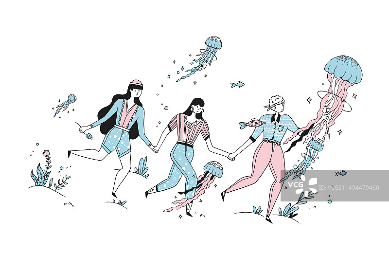 蓝色小清新描边插画图片素材
