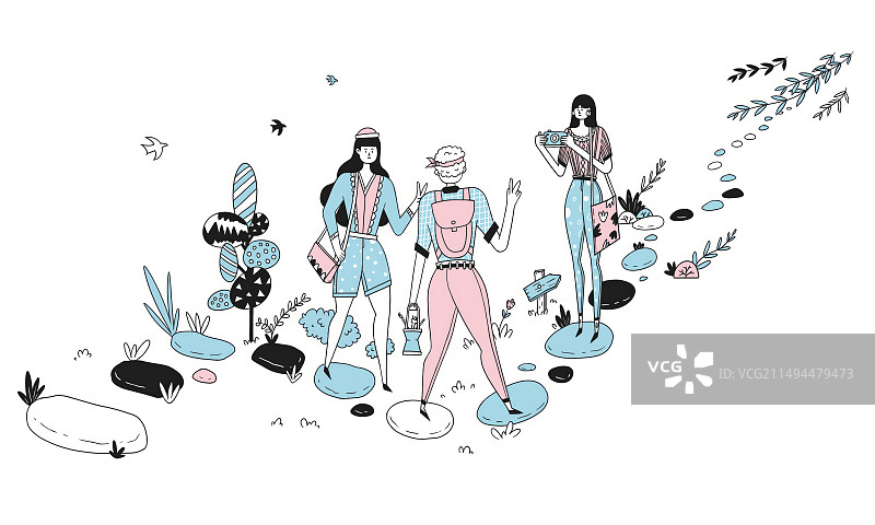 蓝色小清新描边插画图片素材