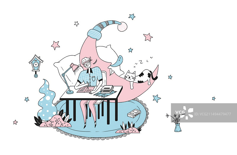 蓝色小清新描边插画图片素材