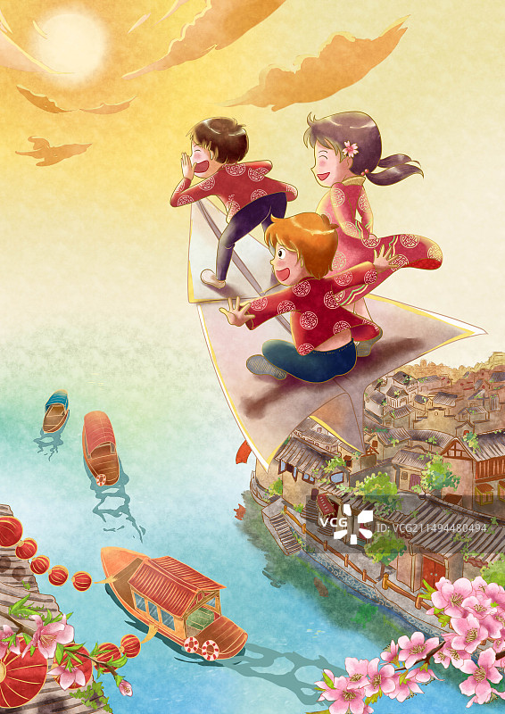 插画二维日式原画风卡通男孩女孩飞机上飞翔江南水乡夕阳景图片素材