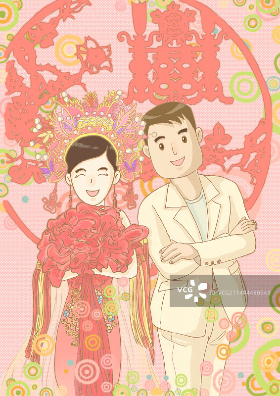 插画二维日式原画风卡通男女婚庆红双喜结婚婚礼婚庆图片素材