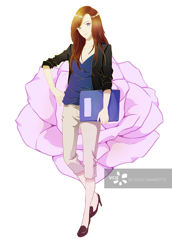 插画二维日式原画风卡通职场女性制服站姿高跟鞋花朵图片素材