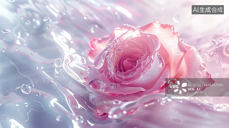 【AI数字艺术】飘在清澈透明水面上的有水波纹倒影的粉色玫瑰花图片素材