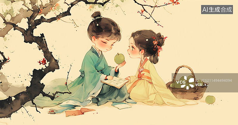 【AI数字艺术】可爱的兄弟姐妹坐在地上古风插画图片素材