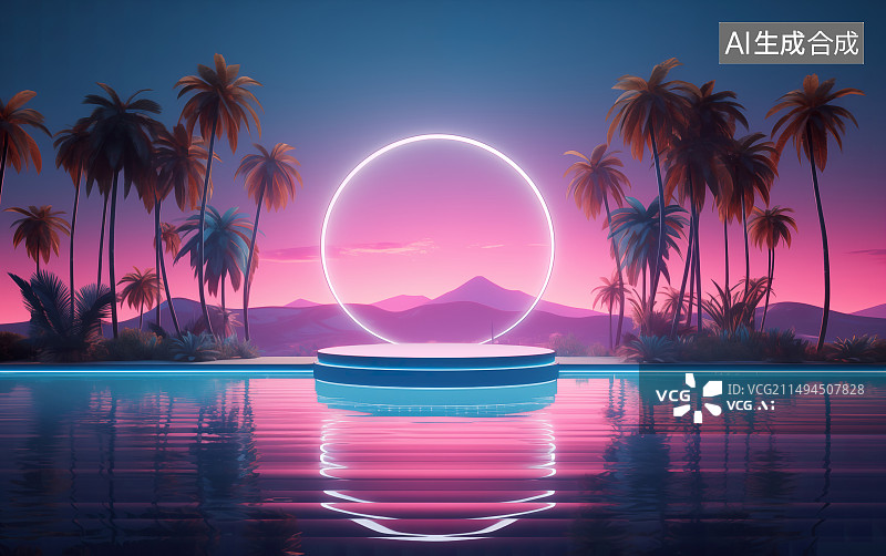 【AI数字艺术】夏日赛博朋克风电商展台图片素材