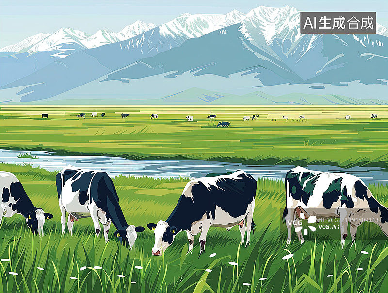 【AI数字艺术】夏日清新主题插画——草原上的奶牛与远处的雪山图片素材