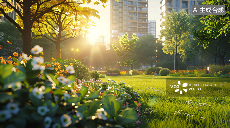 【AI数字艺术】逆光下的公园和建筑图片素材