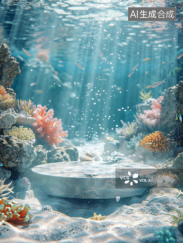 【AI数字艺术】海洋主题清凉水晶展台图片素材