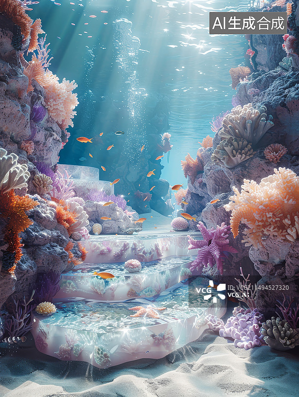 【AI数字艺术】海洋主题清凉水晶展台图片素材