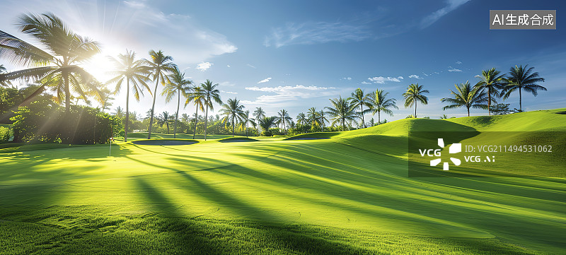【AI数字艺术】蓝天白云下的高尔夫草地图片素材